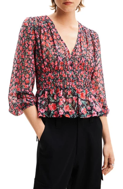 Desigual Floral Chiffon Top In Black