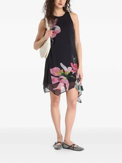 Desigual Floral-print Asymmetric Mini Dress In Black