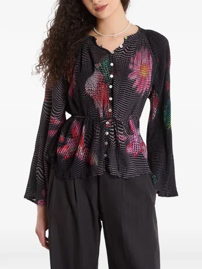 Desigual Floral-print Plissé Blouse In Black
