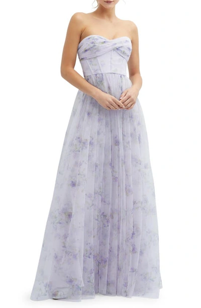 Dessy Collection Floral Print Strapless Tulle In Lilac Haze Garden