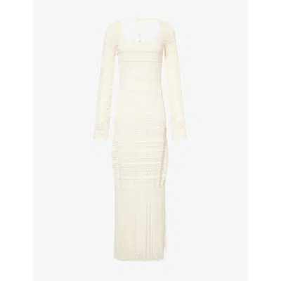Devon Windsor Mens Uma Fringe-hem Knitted Maxi Dress Cream Xs In White