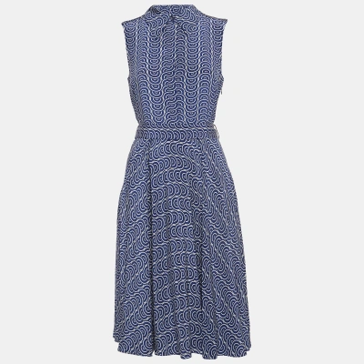 Pre-owned Diane Von Furstenberg Blue Printed Silk Belted Mid Dress S