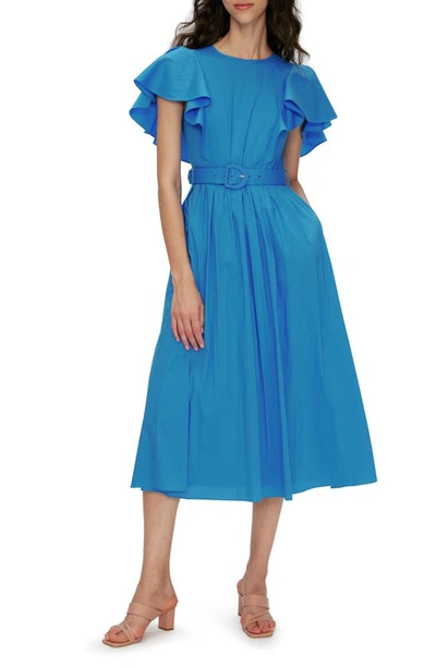 Diane Von Furstenberg Damon Ruffle Sleeve Cotton Blend Midi Dress In Vivid Blue