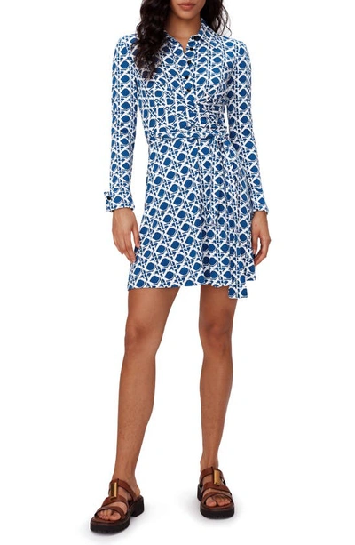Diane Von Furstenberg Didi Geo Print Long Sleeve Wrap Shirtdress In Vintage Cane Med Midnight Blue