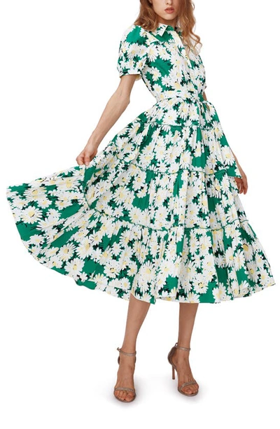 Diane Von Furstenberg Queena Tie Belt Stretch Cotton Midi Dress In Vintage Daisies Med Green