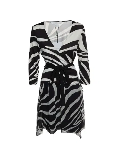 Pre-owned Diane Von Furstenberg Riviera Printed Wrap Mini Dress In Black