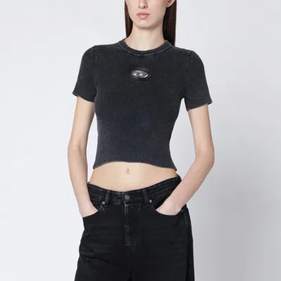 Diesel Cropped Washed Black T-shirt With Metallic Oval D