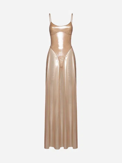 Diesel D-rooney Glossy Tulle Long Dress In Golden Nude