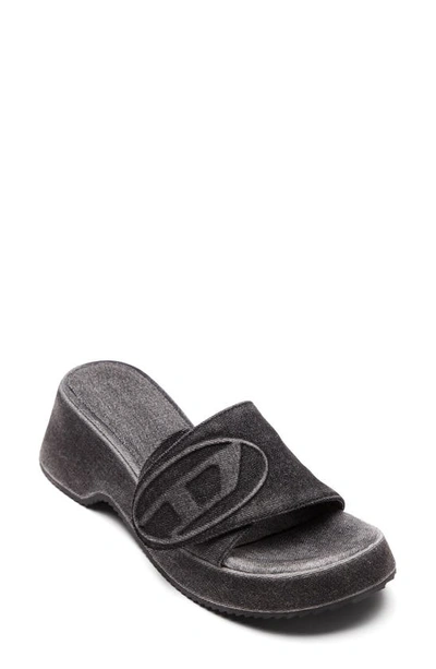 Diesel Oval D Denim Slide Sandal In Black Denim