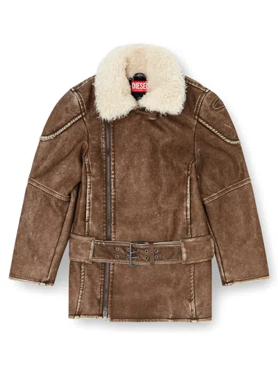 Diesel Women's  Belt Jacket With Removable Sherpa Collar In Marrone