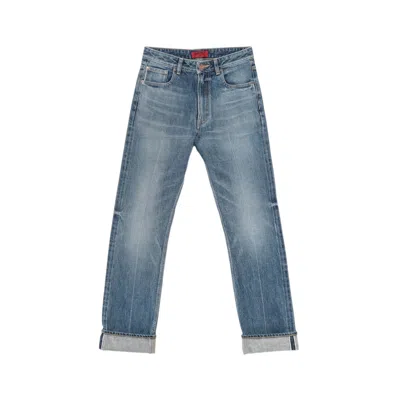 Din & Deen Blue Regular Fit Denim Selvedge Washed Yellow Jeans Katana Collection Woman