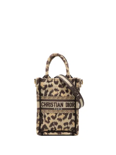 Pre-owned Dior 2022 Mizza Mini Embroidered Canvas Leopard Vertical Book Tote Satchel In Neutral
