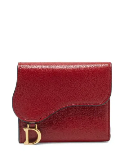 Pre-owned Dior 2023 Saddle Leather Trifold Wallet In Red