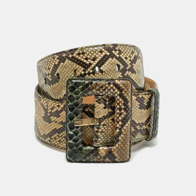 Pre-owned Dior 90cm Wide Buckle Belt Beige/green Python In Sand