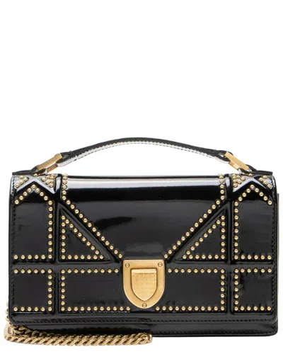 Pre-owned Dior Black Patent Leather Studded Ama Clutch On Chain (authentic Pre-  Loved)