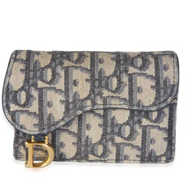 Pre-owned Dior Blue Oblique Jacquard Saddle Bloom Card Holder