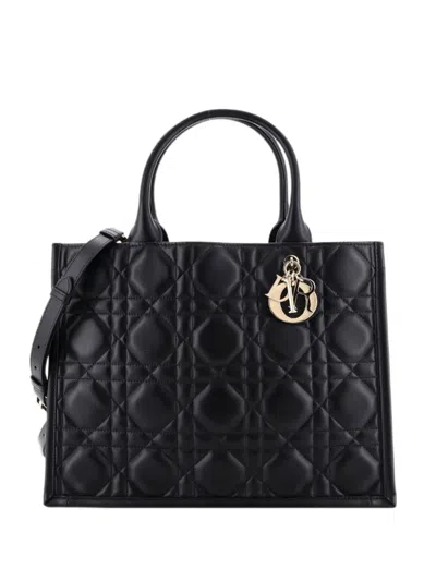 Pre-owned Dior Book With Strap Cannage Quilt Lambskin Medium Tote Bag In Black