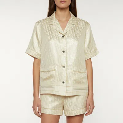 Pre-owned Dior Christian  White/gold Oblique Silk Blend Jacquard Pajama Shirt M