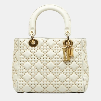 Pre-owned Dior Christian White Leather  Studded Cannage Lady  Tote Bag