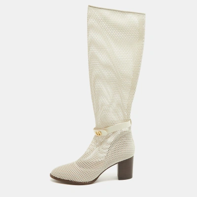Pre-owned Dior Cream Mesh And Leather Knee Length Boots Size 39