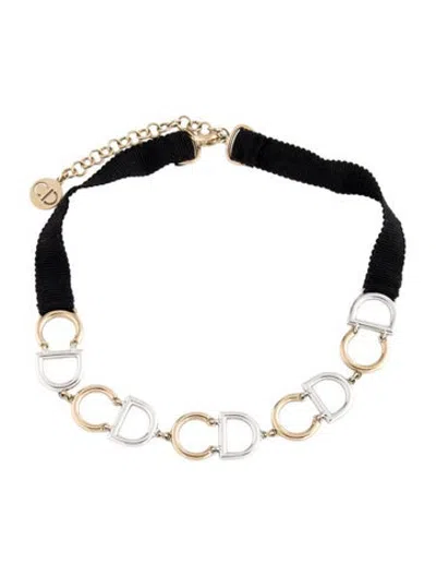 Pre-owned Dior Grosgrain Ribbon Two-tone Cd Choker, 14.5" In Black