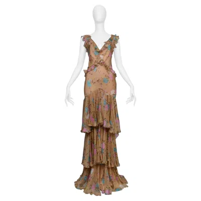 Pre-owned Dior John Galliano Brown Floral Gown With Ruffles