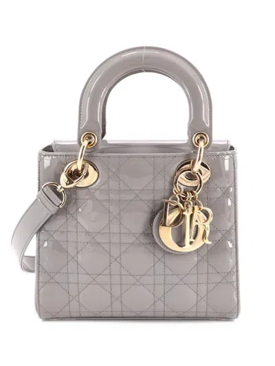 Pre-owned Dior Lady  Bag Cannage Quilt Patent Small Satchel In Grey