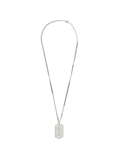 Pre-owned Dior Logo-engraved Dog Tag Necklace In Silver