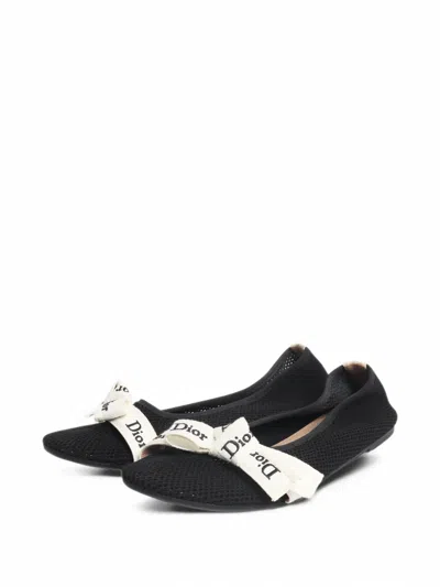Pre-owned Dior Mesh Bow-detail Ballet Flats In Black