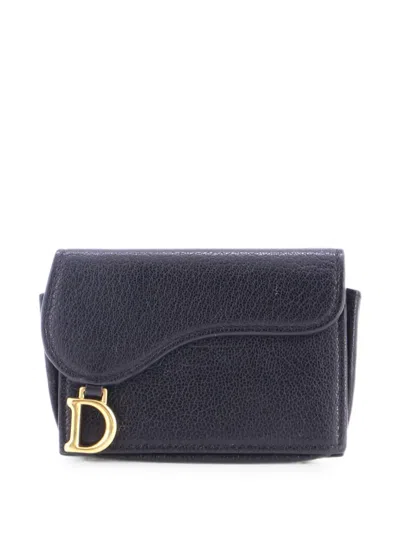 Pre-owned Dior Saddle Lotus Wallet Leather Mini Small Wallets In Black