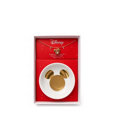 Disney Cubic Zirconia Gold-tone Mickey Mouse Heart Necklace And Trinket Tray, 2-piece Set