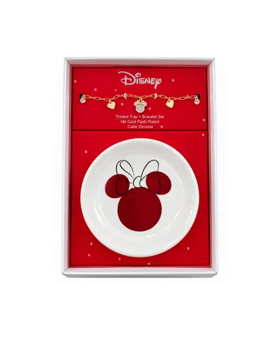 Disney Cubic Zirconia Gold-tone Minnie Mouse Charm Bracelet With Trinket Tray, 2-piece Set