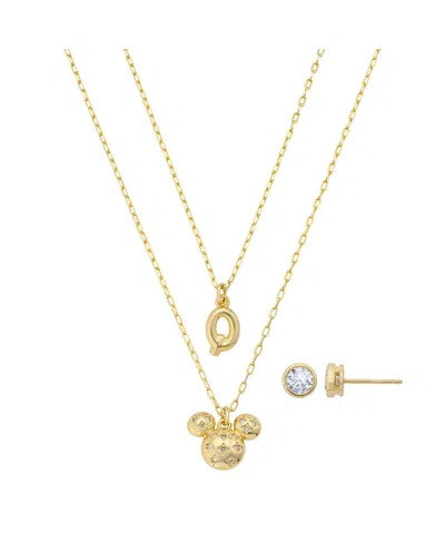 Disney Mickey Mouse Cubic Zirconia Initial Pendant Necklace And Earring Set In Gold