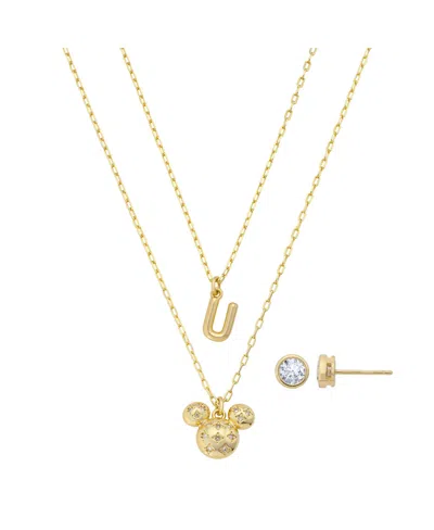 Disney Mickey Mouse Cubic Zirconia Initial Pendant Necklace And Earring Set In Gold