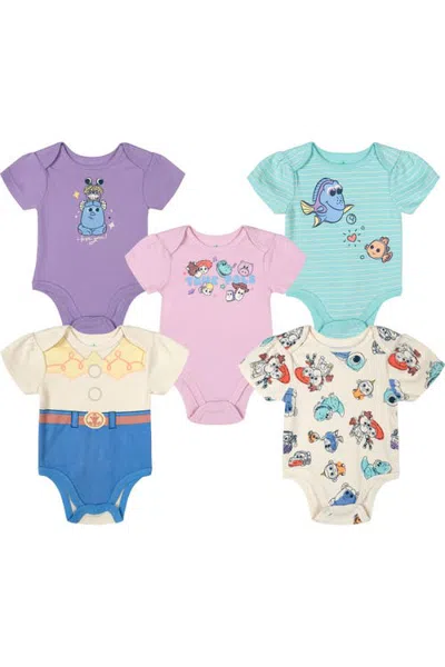 Disney Babies'  Pixar Girls' 5-pack Short Sleeve Bodysuits In Multi