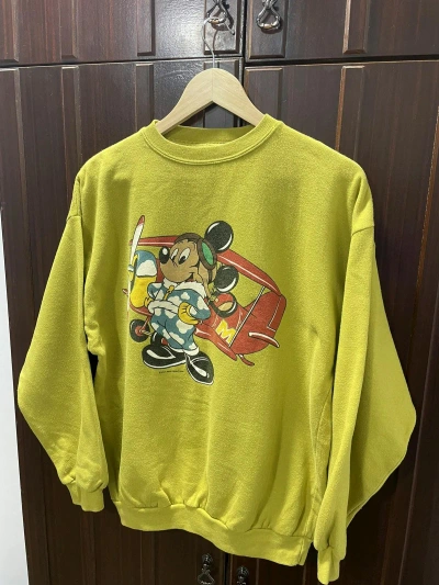 Pre-owned Disney X Mickey Mouse Vintage Disney Airplane Pilot Mickey Mouse Sweater Mens In Mustard