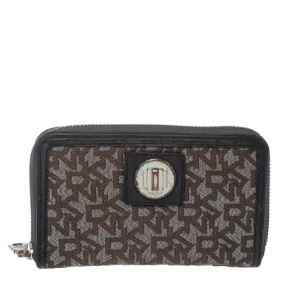 Dkny Brown/black Monogram Canvas And Leather Zip Around Wallet In Gray