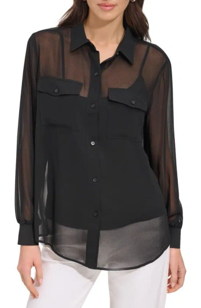 Dkny Chiffon Button-up Shirt In Black