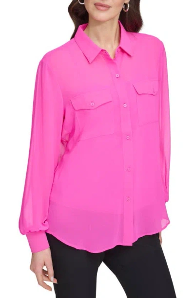 Dkny Chiffon Button-up Shirt In Shocking Pink