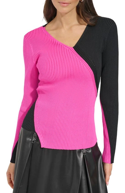 Dkny Colorblock Rib Sweater In Shocking Pink/ Black