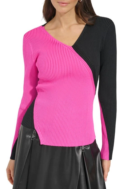 Dkny Colorblock Rib Sweater In Shocking Pink/black