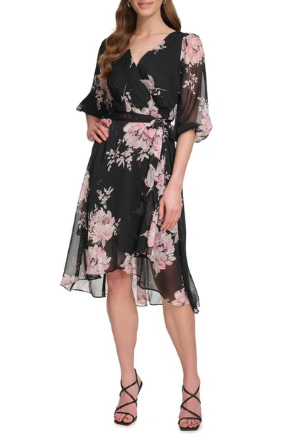 Dkny Floral Faux Wrap Dress In Black Multi