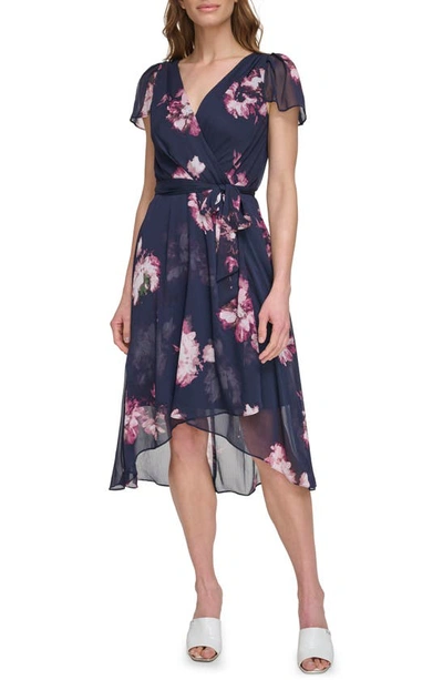 Dkny Floral Flutter Sleeve Faux Wrap Midi Dress In Midnight Multi | ModeSens