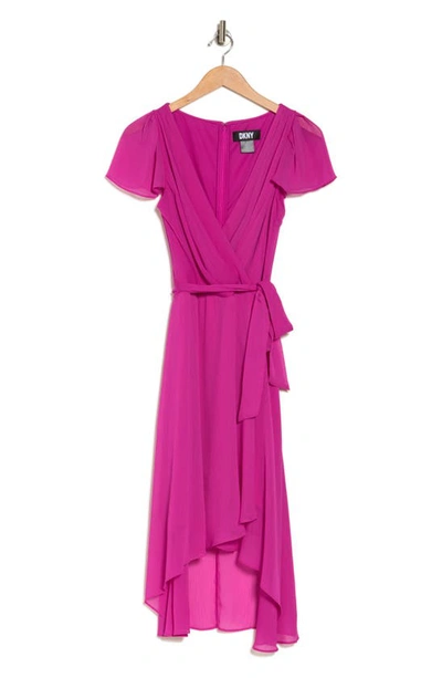 Dkny Flutter Sleeve Faux Wrap Midi Dress In Power Pink