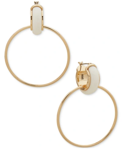 Dkny Gold-tone Large Ring Charm Color Tubular Hoop Earrings In White