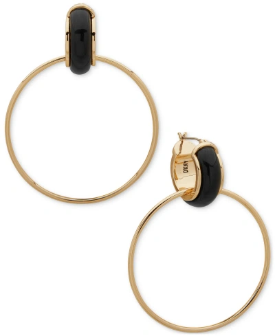 Dkny Gold-tone Large Ring Charm Color Tubular Hoop Earrings In Black