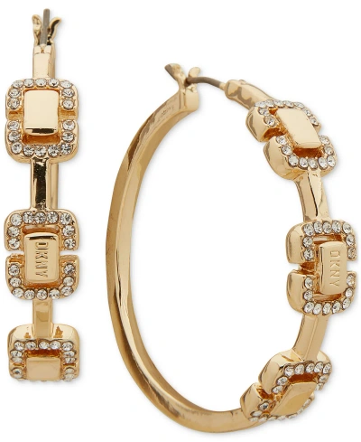 Dkny Gold-tone Medium Pave Link Hoop Earrings, 1.28" In White