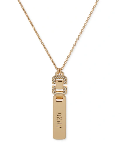 Dkny Gold-tone Pave Link Logo 38" Adjustable Pendant Necklace In White