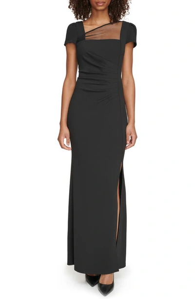 Dkny Illusion Cap Sleeve Ruched A-line Gown In Black