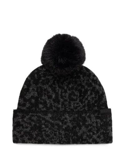 Dkny Leopard-pattern Pompom Beanie Hat In Black